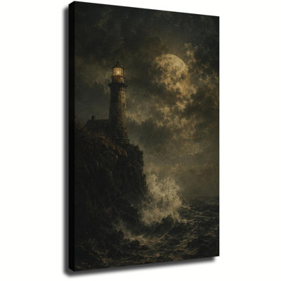 Tableau vintage sur toile texturée, représentant un vieux phare sur une falaise sous la pleine lune, décor de paysage gothique sombre pour salon ou chambre.