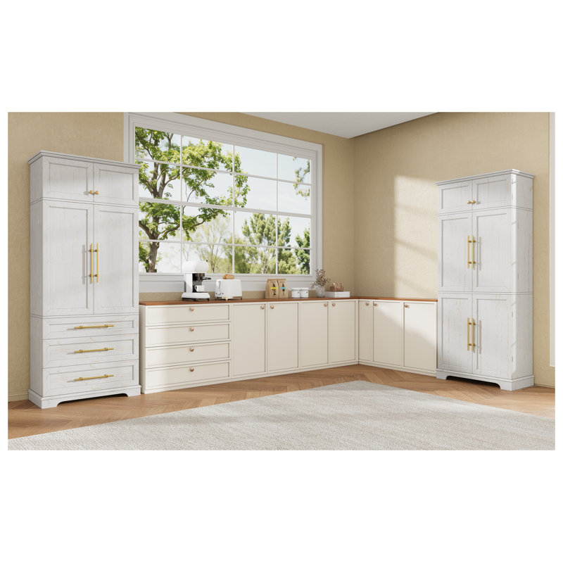 K&K - Armoire de cuisine de style campagnard haut de 78,2 po avec tablettes réglables, support à vin et tiroir caché - blanc