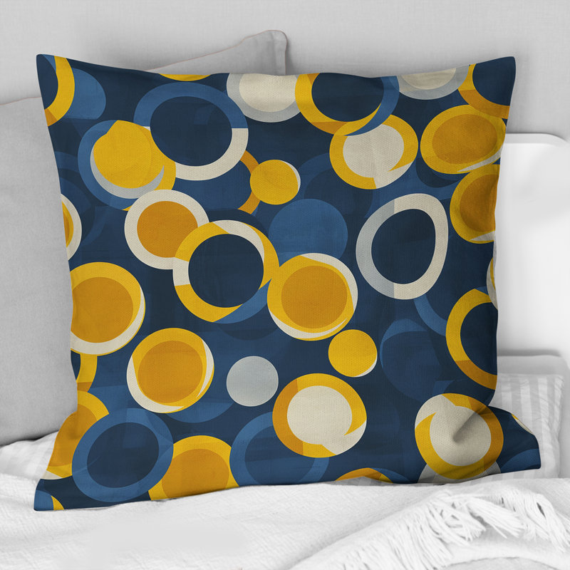 Coussin bleu et jaune rétro Midcentury Circles I - Midcentury, H 16 po x l 16 po