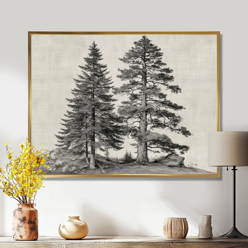 «Vintage Pine Trees On Mountain», impression murale sur toile Nature, H 34 po x l 44 po, Cadre flottant, Doré