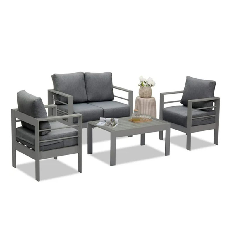 2-Pack 28" All-Weather Aluminum Patio Armchairs With Thick Blue Cushions & Black Frame, Blue, Black
