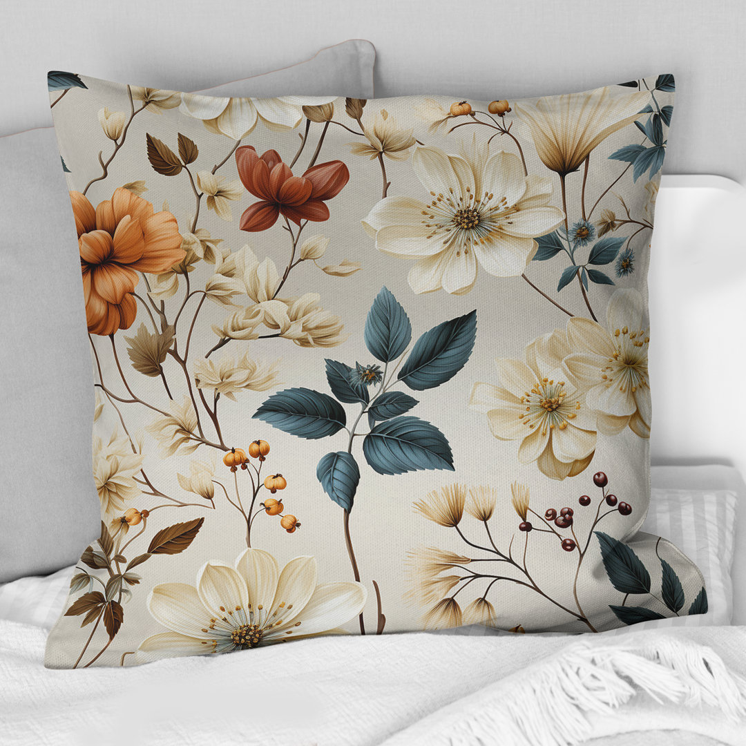 Autumn Orange And White Cottage Flowers - Floral Printed Throw Pillow Design Art 