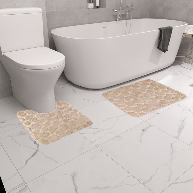 Ensemble de 2 tapis de bain en mousse viscoélastique, tapis de bain antidérapant et tapis de toilette en U, très doux et absorbant l'eau, beige