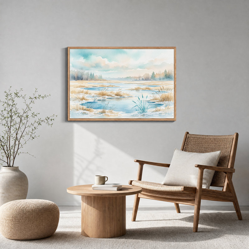 Paysage de rivière d'hiver en aquarelle sur toile, H 24 po x l 36 po