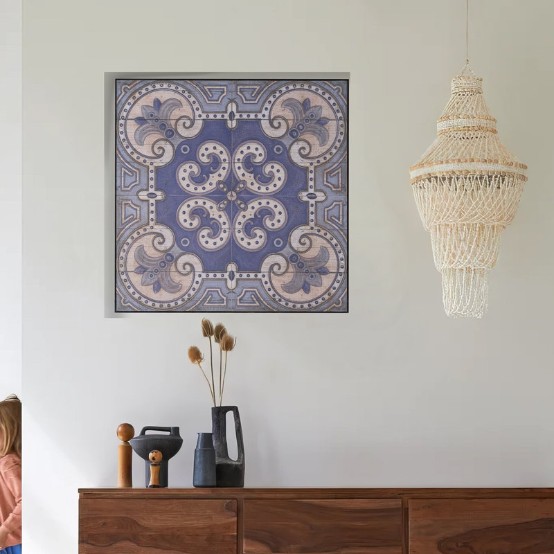 48" Blue and Ivory MDF Floral Mandala Wall Art Tile