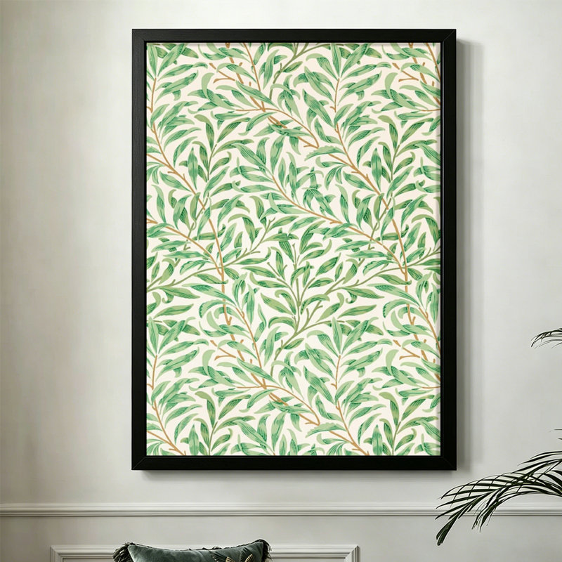 Branches de saule abstraites modernes avec feuilles vertes, motif complexe, style illustration botanique. Art mural 24 "x 36" avec cadre en bois noir