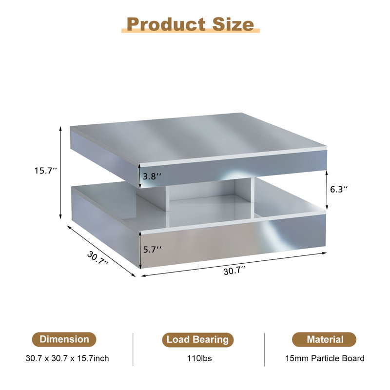 Table basse DEL avec rangement Moderne avec lumières DEL réglables, H 15,7 po x L 30,7 po x l 30,7 po, Effet miroir / argent