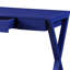 Bureau bleu spacieux avec une base en bois en forme de X et un plateau moderne au design crépuscule