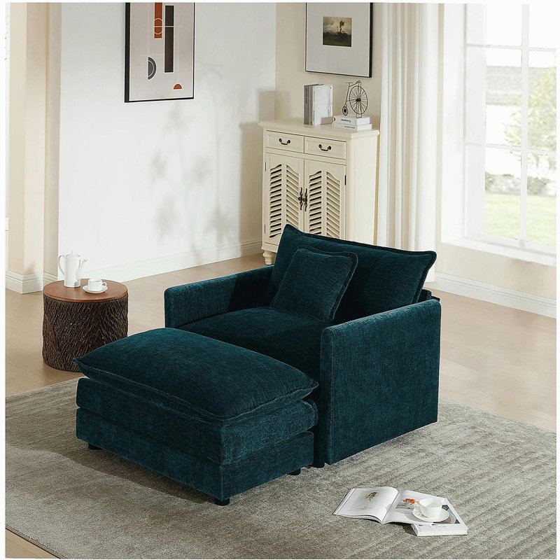 Fauteuil d'appoint moderne avec repose-pieds, fauteuil club en chenille, fauteuil de lecture pour chambre à coucher, chenille bleue