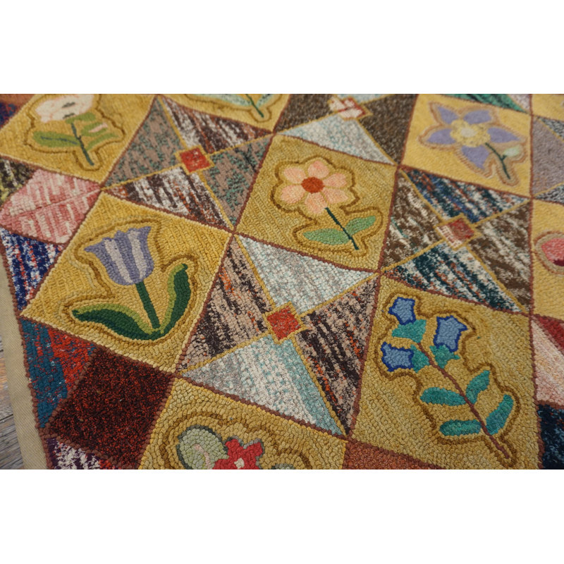 Mid Century Vintage Grid Pattern American Flowers Hooked Rug