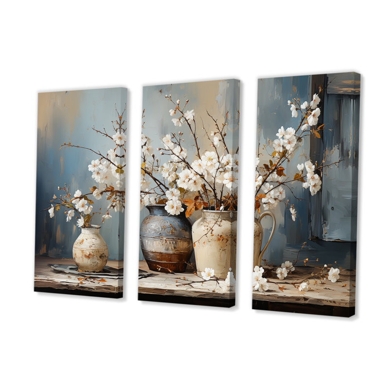 Poterie et fleurs, nature morte I - ensemble d'art mural toile sur arbre, H 40 po x l 60 po x P 1 po