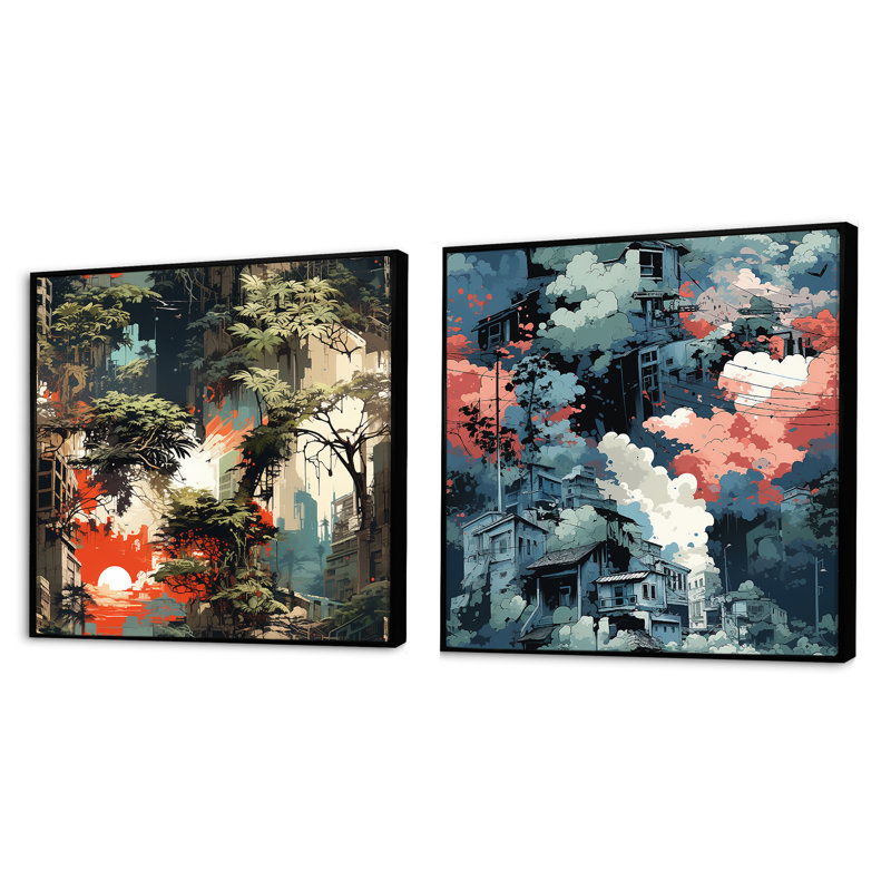 Goussainville - Ensemble de 2 collages carrés abstraits, Cadre flottant noir, H 36 po x l 73 po
