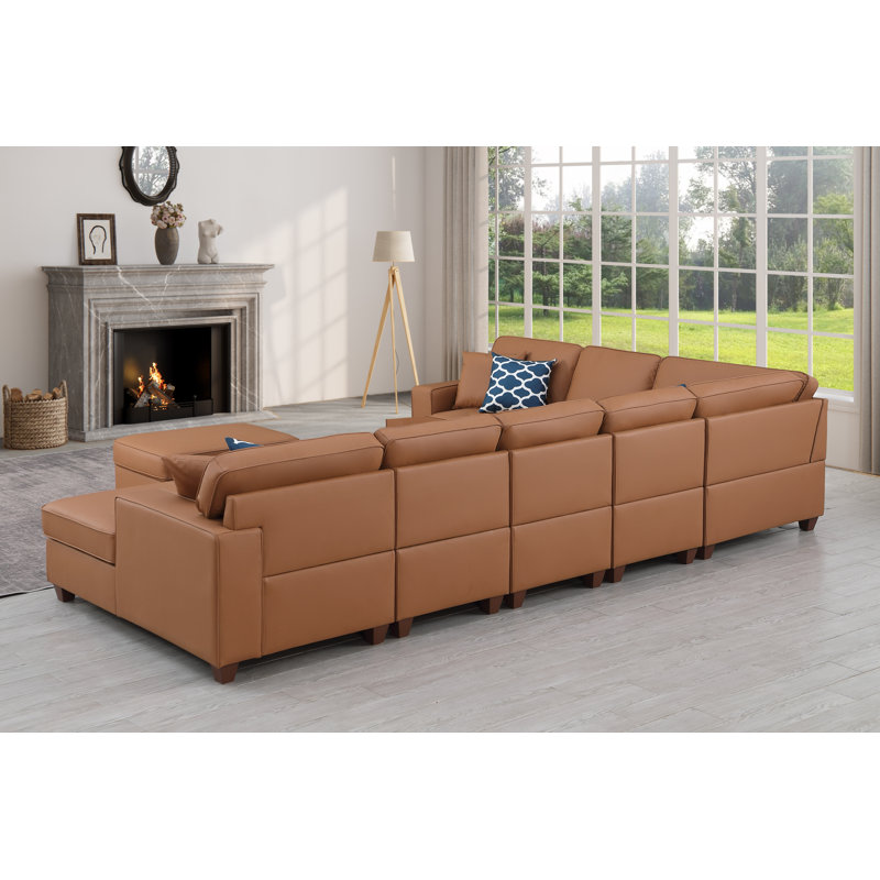 Canapé modulaire en cuir avec repose-pieds 7 pièces Carstens, Similicuir brun