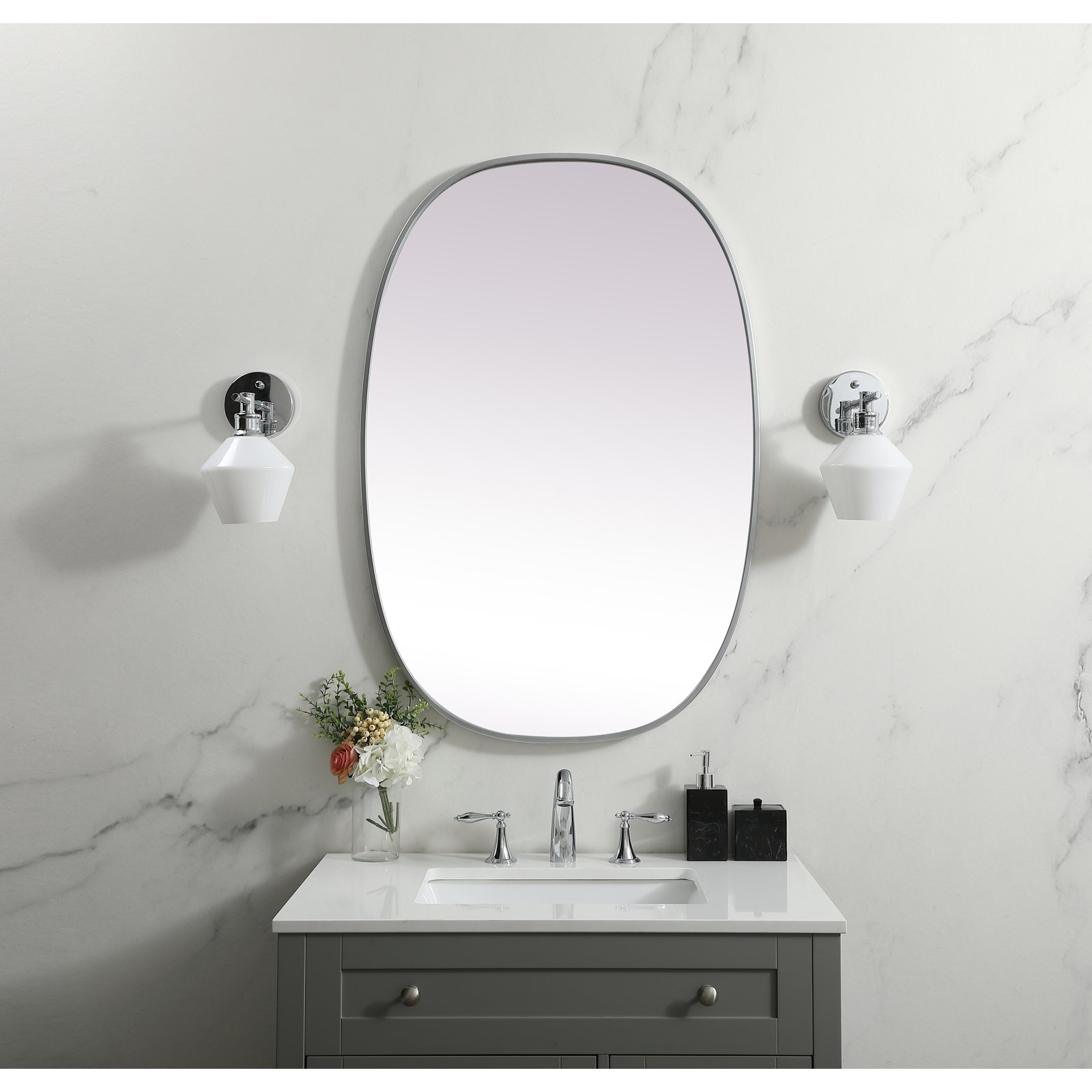 Sabine Metal Curved Oval Wall Mirror, Silver, 40" x 27"