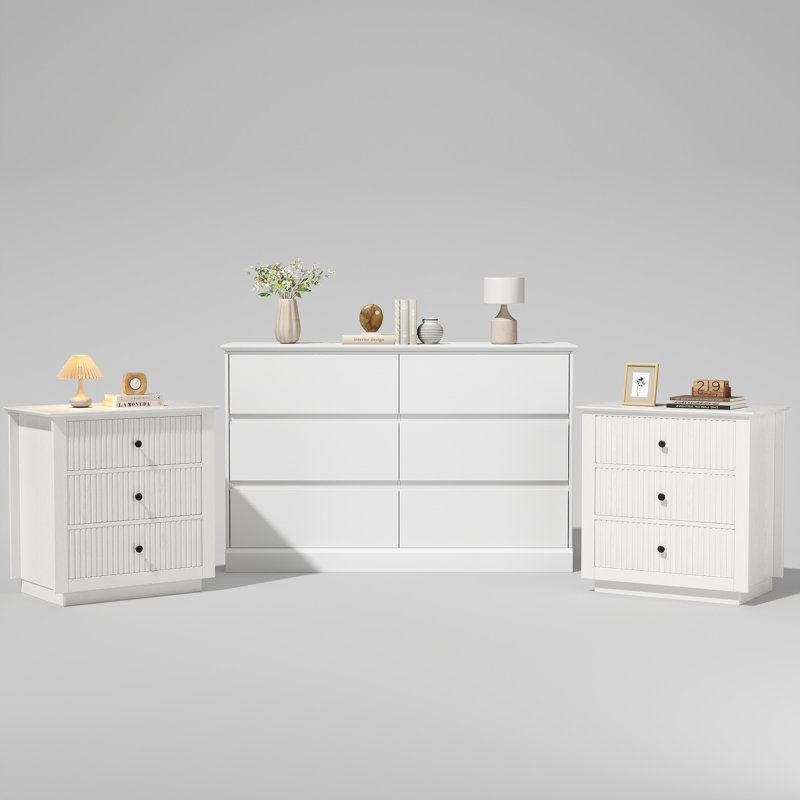 Ensemble de chambre à coucher 3 pièces, commode double 6 tiroirs 47,2 "et ensemble de table de chevet 2 pièces