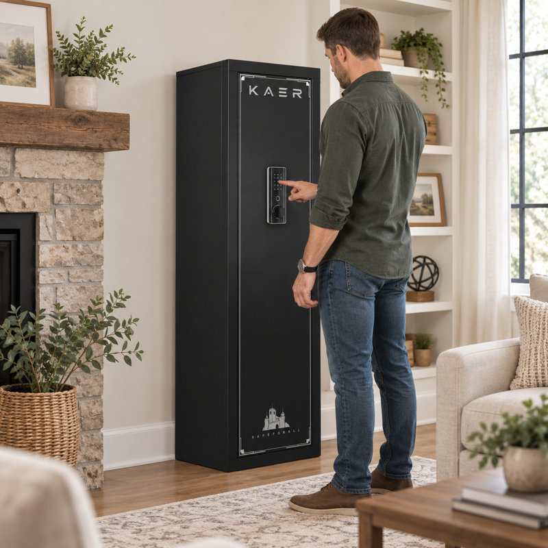 Armoire à fusils modulaire en acier KAER pour 12 armes, avec serrure à clavier biométrique, râtelier à fusils réglable et rangement de porte. Assemblage requis.