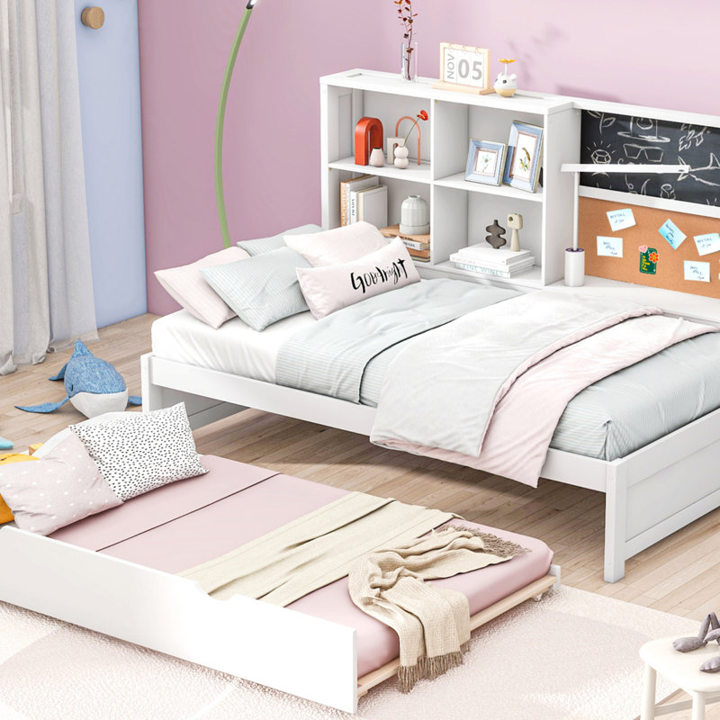 Daybed With Storage Shelves, Blackboard, Cork Board, USB Ports And Twin Size Trundle (Daybed), Twin