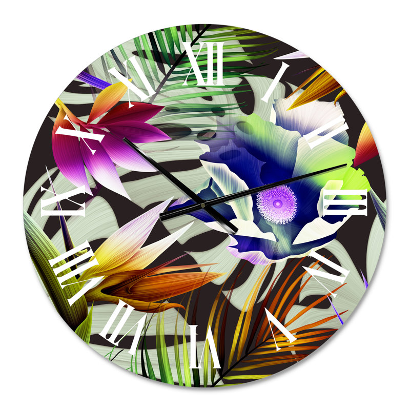 Fleur tropicale sur fond noir II - Horloge murale tropicale, Petit