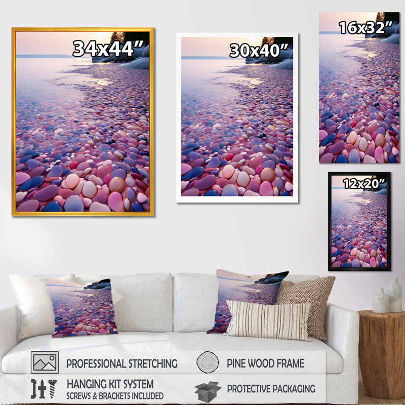 Pebble Beach, pierres roses et bleues sur toile, Cadre simple noir, H 20 po x l 12 po x P 1 po