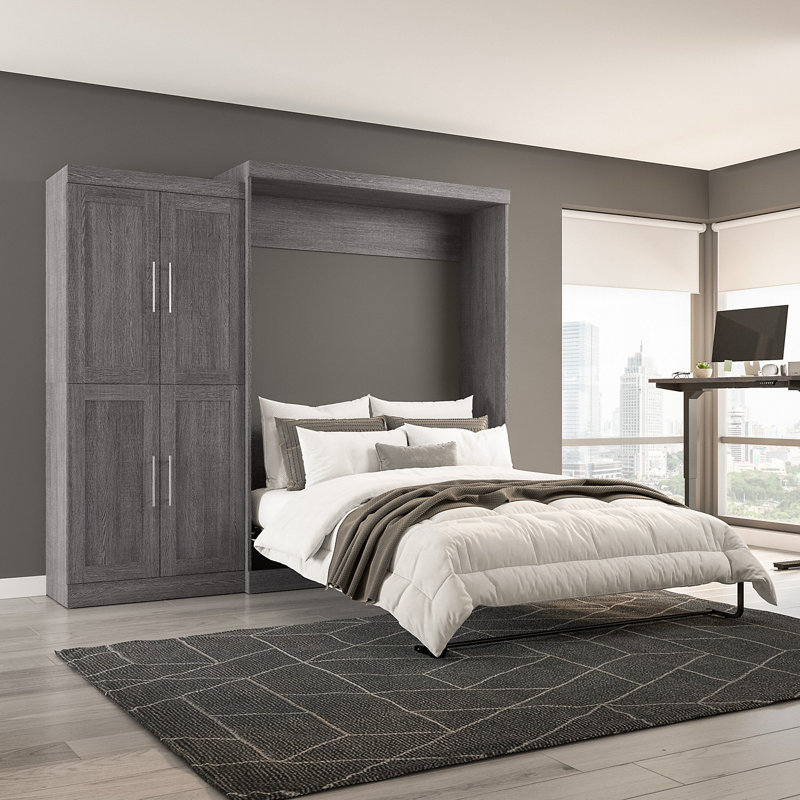 Arlex 101W Queen Wall Bed with 36W Storage Unit with Doors, Bark Gray