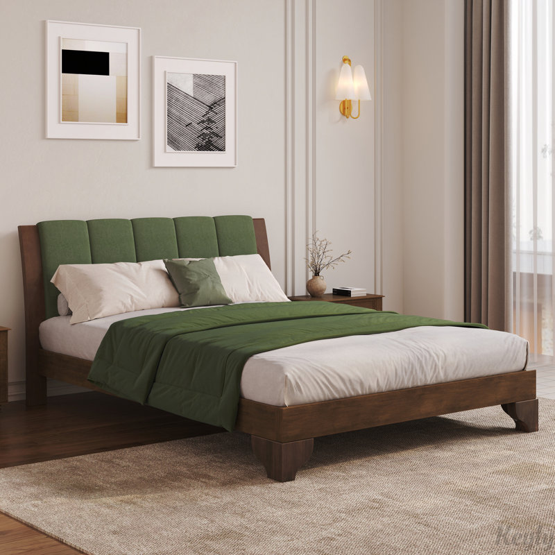 Base de lit en bois de pin de style Mid-Century moderne, Grand, Vert / noyer