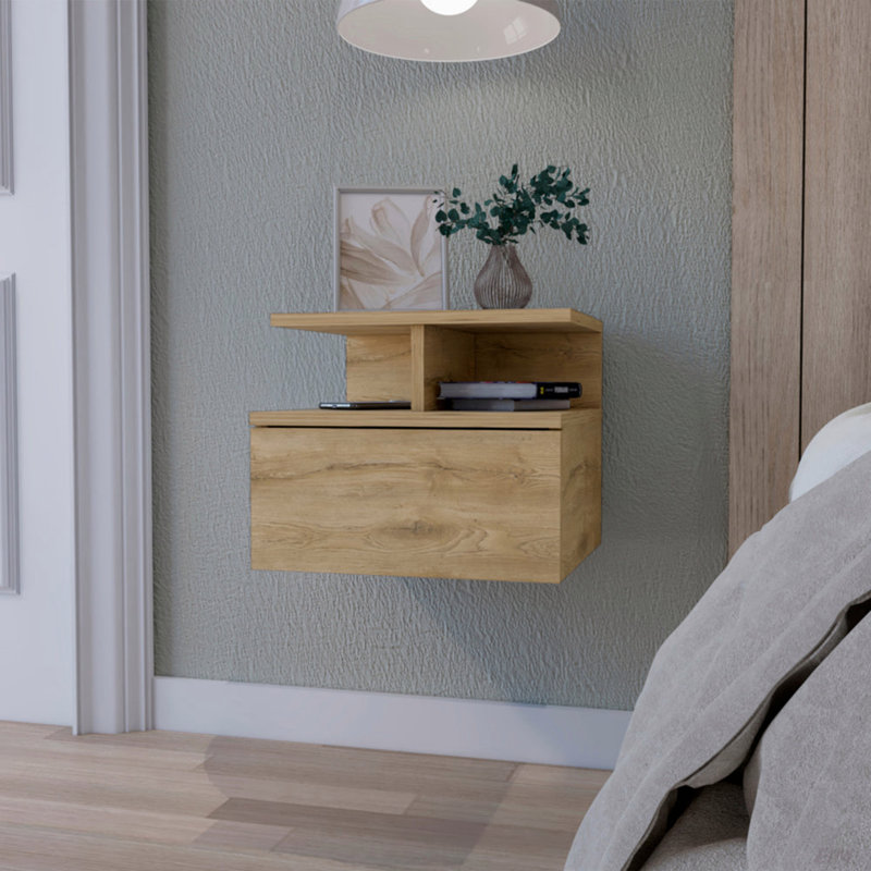 Floating Nightstand With 2-Tier Shelf And 1-Drawer, Beige