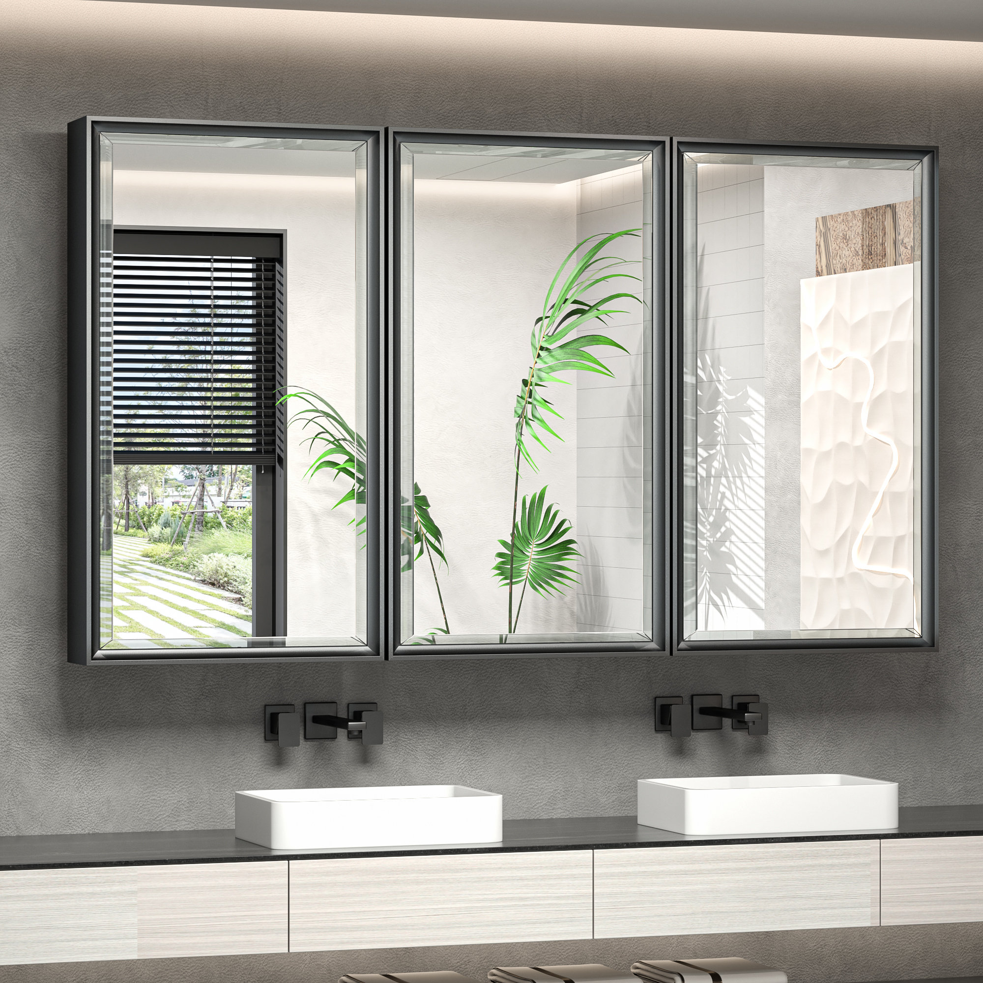 Winston Porter Chouchanik Recessed and Surface Framed Medicine Cabinet with Mirror and 3 Shelves Finish Black