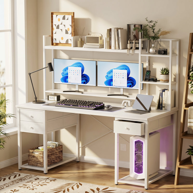 47"-59" Computer Desk with LED Lights & Outlet & Hutch, 59" H x 55.2" W x 18.9" D, White