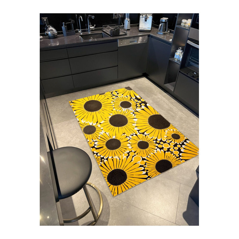 Tapis jaune à motif de tournesol de style Waso, Sous-tapis rectangulaire 5 pi 1 po x 7 pi 7 po inc