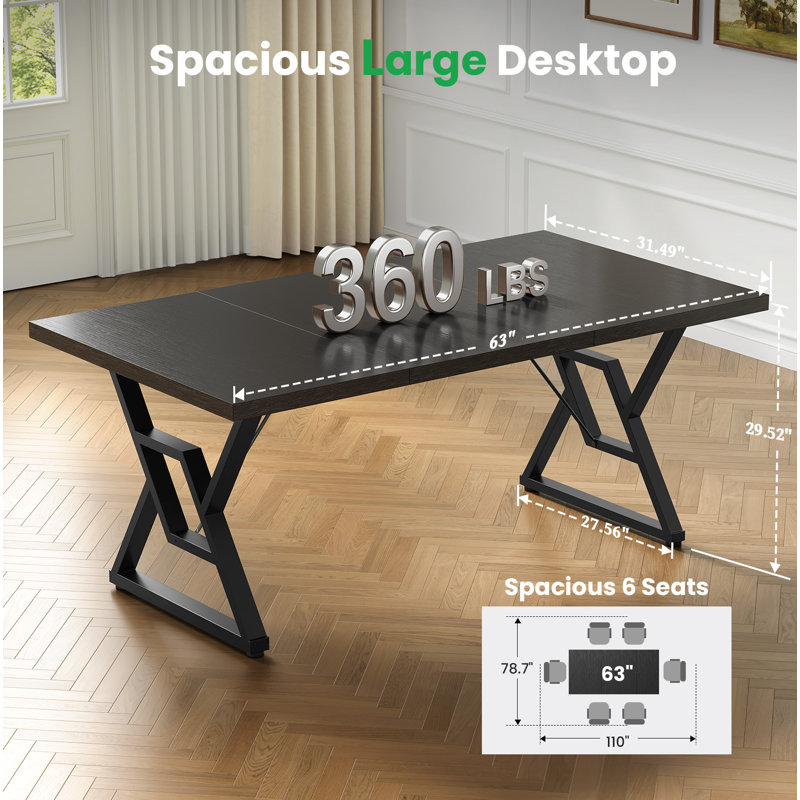 Computer Desk Executive Desk With Thick Wooden Tabletop And Metal Frame, 29.52” H x 63” W x 31.5” D, Black
