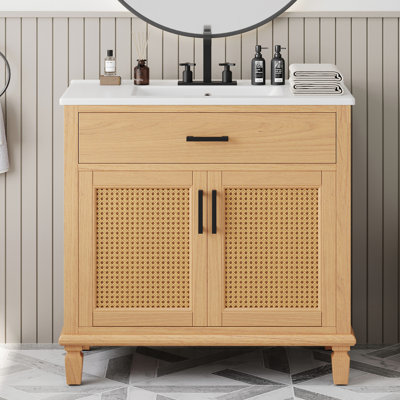 Meuble-lavabo en rotin avec lavabo en céramique