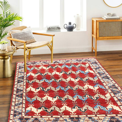 Tapis rouille et multicolore noué à la main à motif géométrique tribal avec des accents bleus