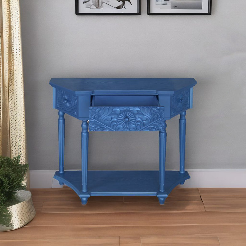 Carved 1 Drawer Side Table, Blue