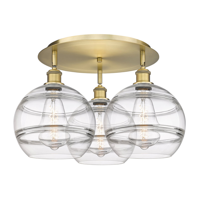 Plafonnier semi-encastré Glassoff, Laiton brossé, H 12,63 po x l 21,75 po x P 21,75 po, Transparent