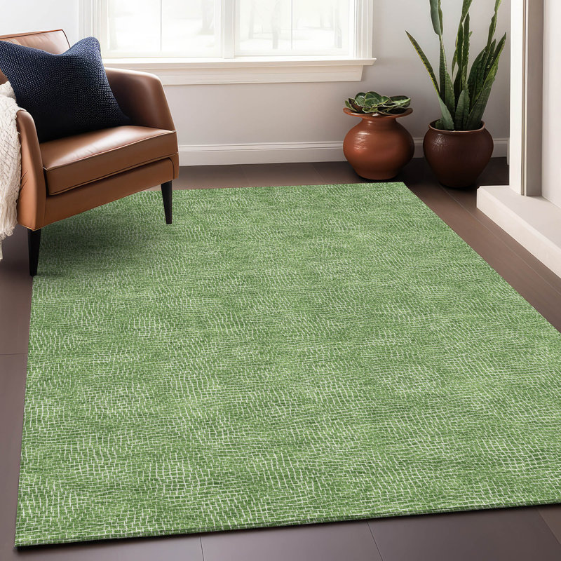 Green Rectangular Flat Woven Synthetic Washable Rug 3' x 5'