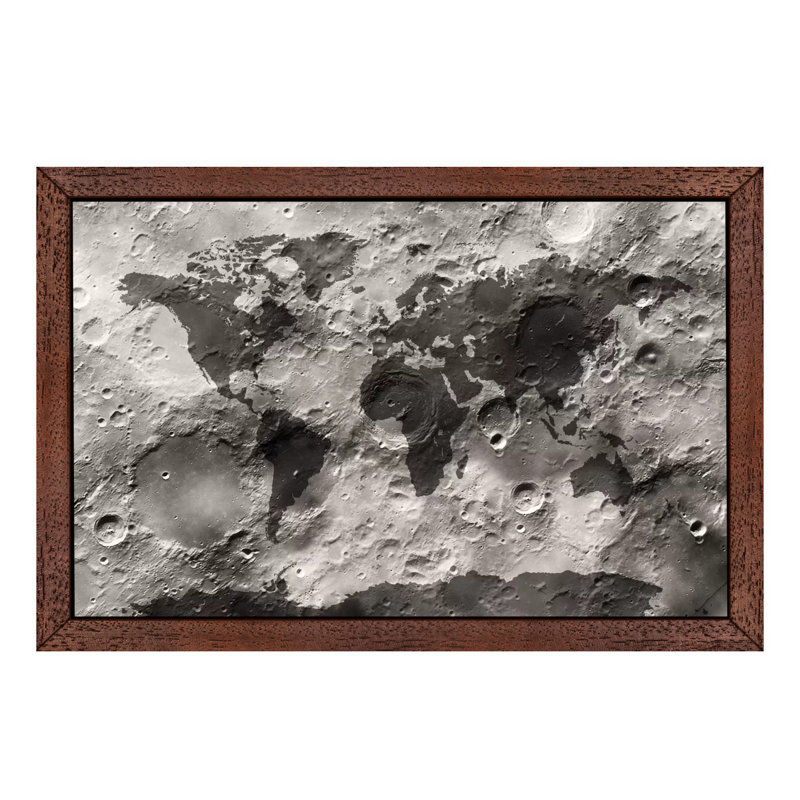 World Map On The Moon's Surface by Michael Tompsett - Print on Canvas, 152.5 cm H x 101.5 cm W, Brown Framed