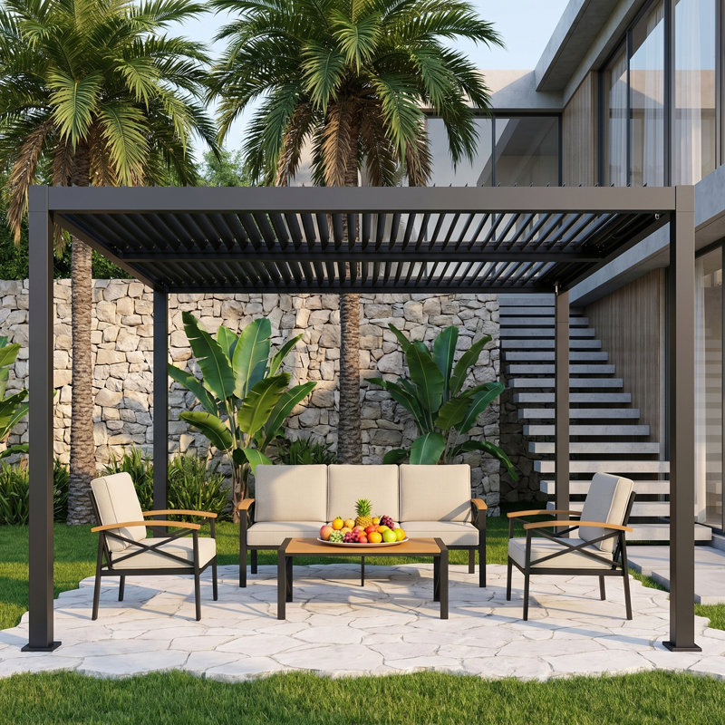 Aluminum 12' x 16' Outdoor Pergola with Adjustable Metal Louvers & Hidden Drainage, Weather Resistant Pergola with All Aluminum Frame for Backyard, Poolside