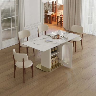 63" Modern 4-6 Person Dining Table Set With Storage, Burnt Stone Tabletop & Gold Solid Wood Base, Includes 4  White PU Chairs For Kitchen, Apartment