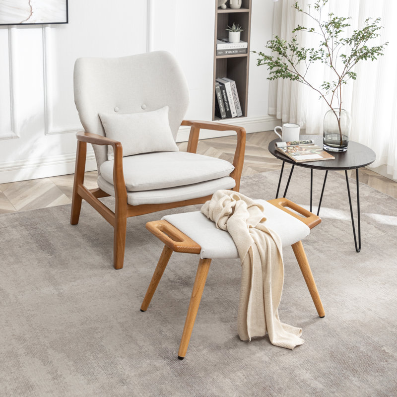Kornelijus Upholstered Accent Chair with Ottoman, Beige Linen Blend
