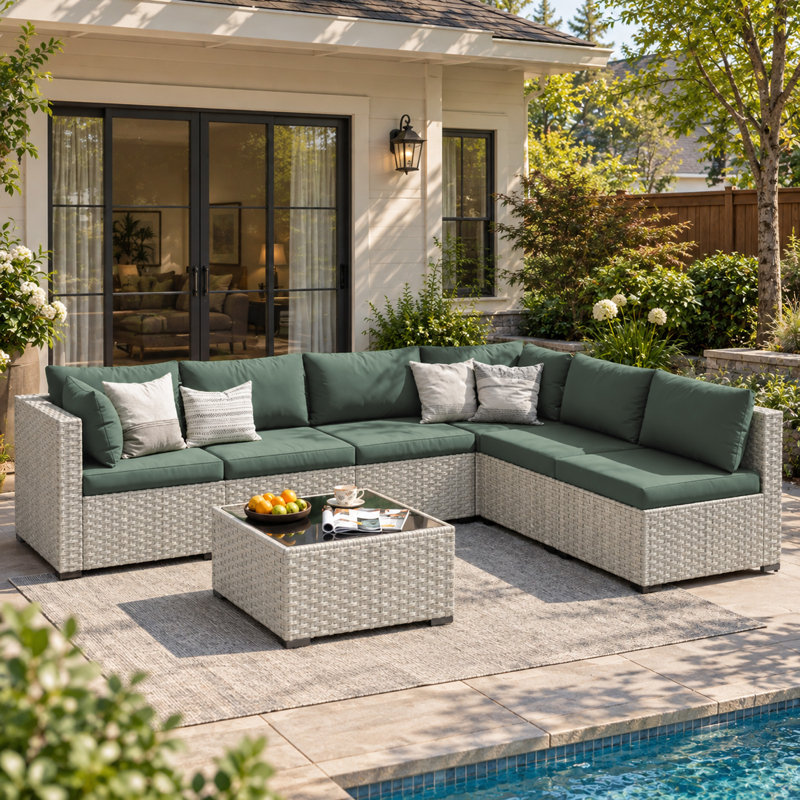 7-Piece Patio Conversation Set with Coffee Table and Cushions, Gray, Green