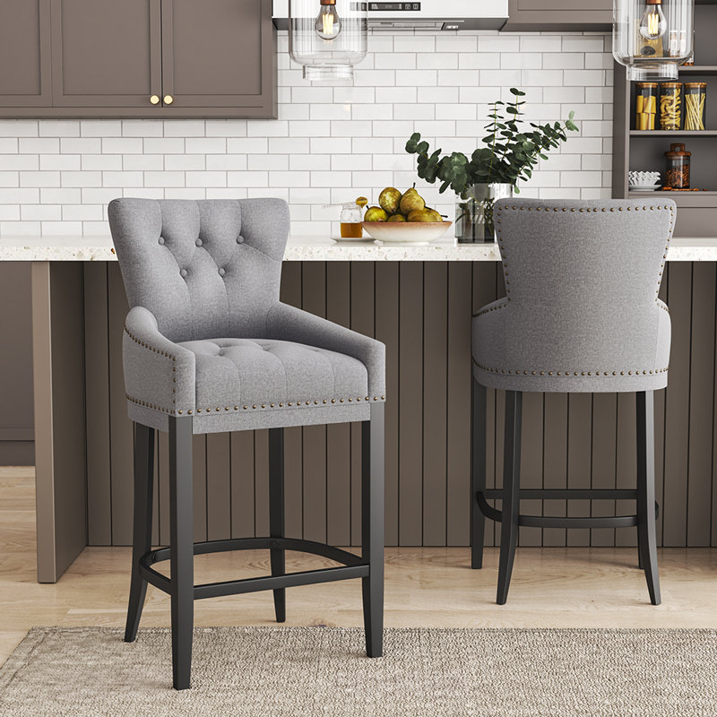 Jaeden Upholstered Bar Stool with Solid Wood Frame, Light Grey