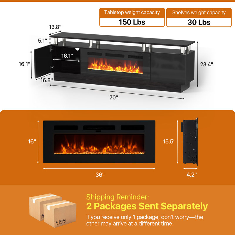 70'' Fireplace Tv Stand For Tvs Up To 80" With 36" Electric Fireplace, Led Light Entertainment Center For Living Room, Bedroom