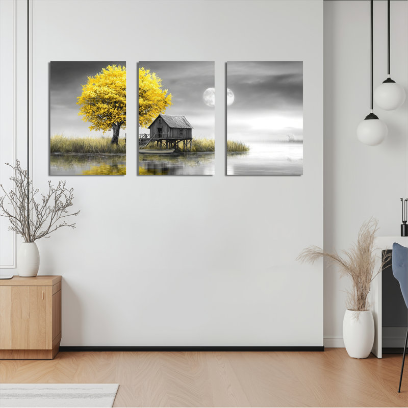 Ensemble de 3 tableaux sur toile représentant un arbre jaune et une cabane en bois au bord d'un lac, pour la décoration du salon, de la chambre ou de la maison.