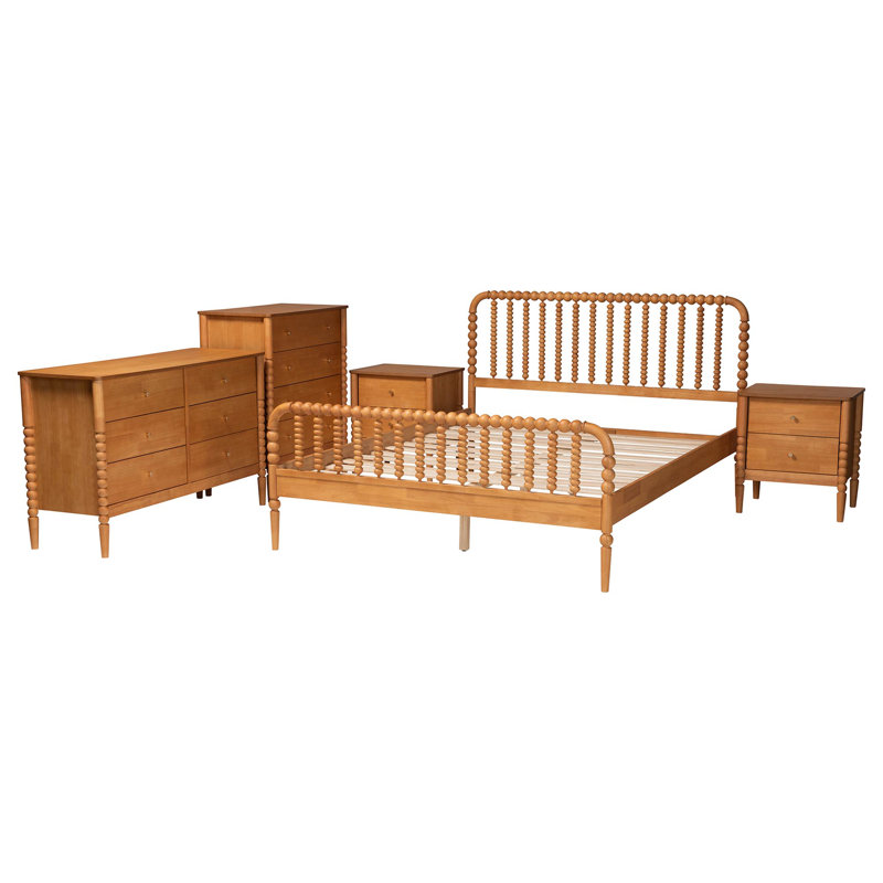 Baxton Studio Lucera Mid-Century  5-Piece Bobbin Bedroom Set, Oak Brown, Queen