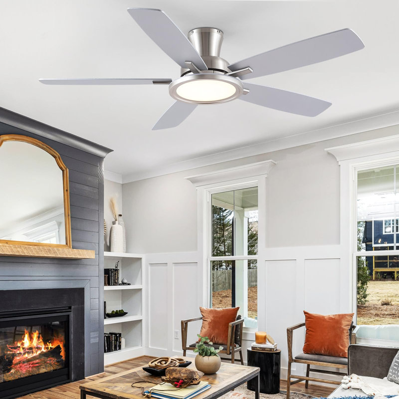 52" Flush Mount Ceiling Fan With Lights And Remote Control, Reversible And 5 Dual-sided Blades, Nickel