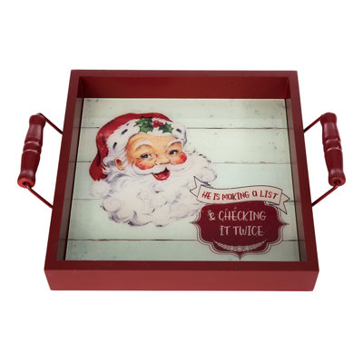 Wood Vintage Santa Tray with Handles - Festive Serving Tray for Christmas - Multicolor Wooden Tabletop Decor - Perfect for Indoor Use, Gift Giving, and Hostess Gifts - Holiday Cheer for Your Home
