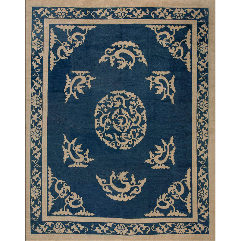Blue Room Size Antique Artistic Chinese Dragon Design Peking Carpet