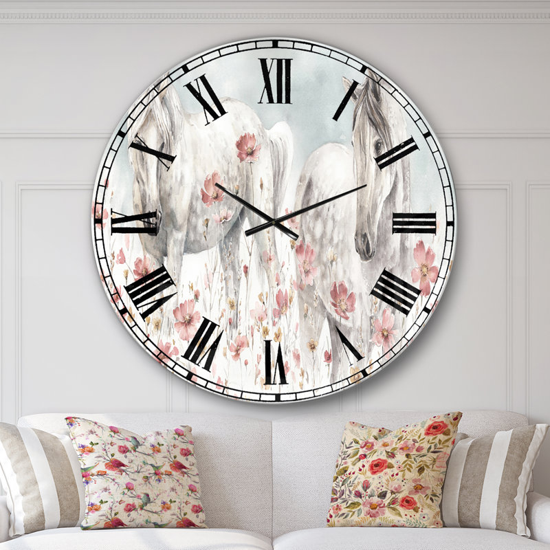 Watercolors Pink Wild Horses - Horloge murale traditionnelle, Surdimensionné