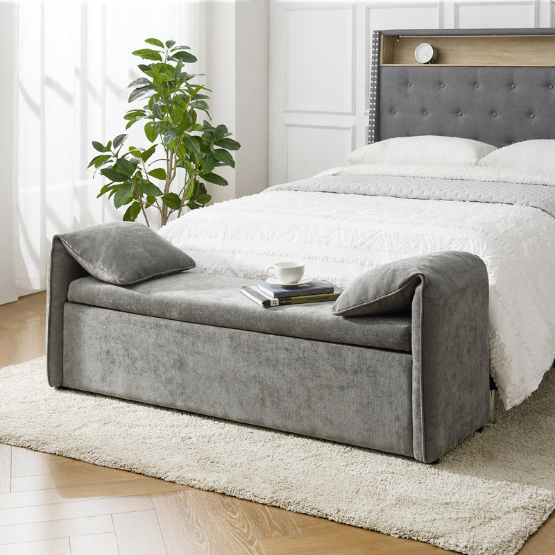 Aristides Modern 61''W Upholstered Storage Bench with Pillows Designed to Resemble Elephant Ears, Gray