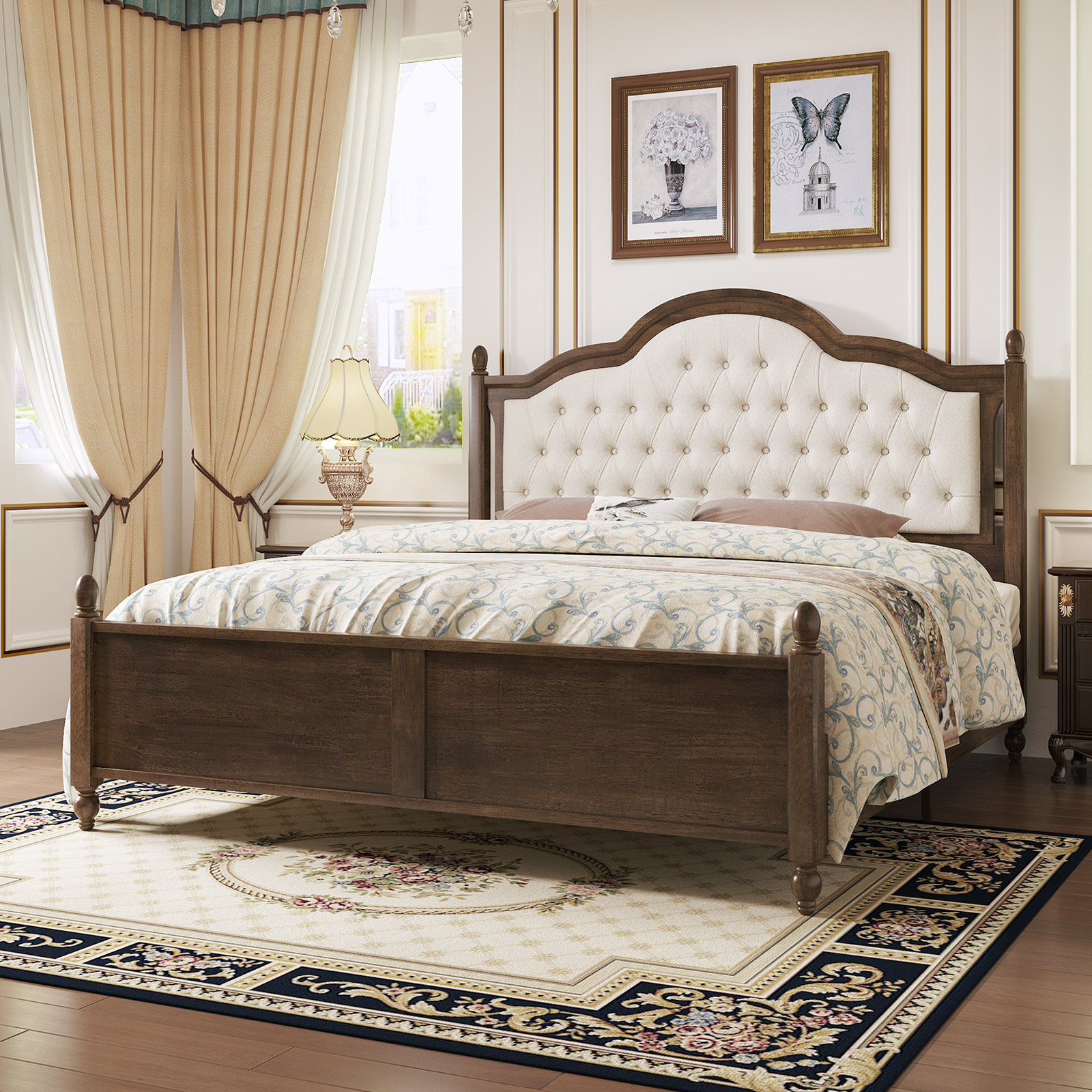 LUXOAK Solid Wood Bed Frame With Linen Upholstered Headboard, Wood Platform Bed With Wood Slats, No Box Spring Needed, Easy Assembly, Walnut & Reviews | Wayfair